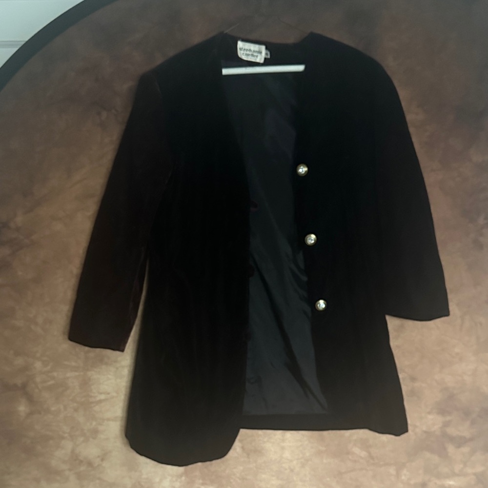 Stephanie Cueller Black Burgundy Velvet Blazer with Gold Buttons